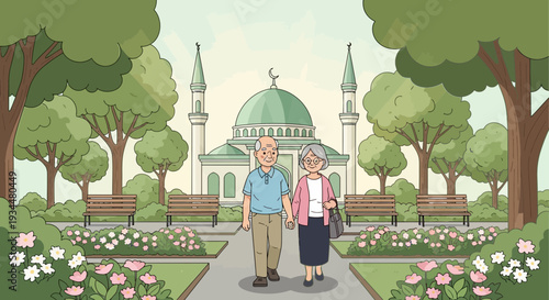 Elderly Couple Walking Hand in Hand in a Park.