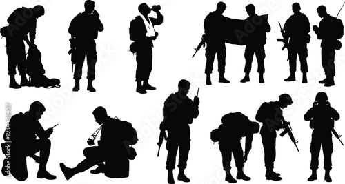 Collection of military soldier silhouettes in various poses including drinking water, reading maps, using radios, and carrying gear on white background