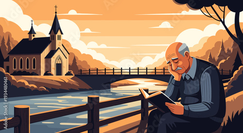 Elderly Man Reading Book Outdoors Near River.