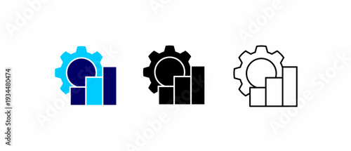 Gear and bar chart analytics icon available in blue solid, black solid and line styles. Corporate vector illustration.