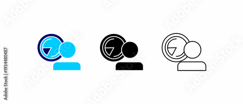 User profile with clock icon in three design variations for productivity concept.