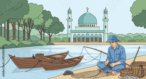 Fisherman mending net by river with boats.