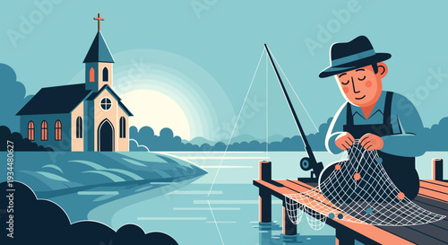 Fisherman Mending Net on Dock Near Church.