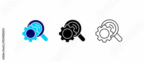 Search magnifier with gear icon in three corporate styles.