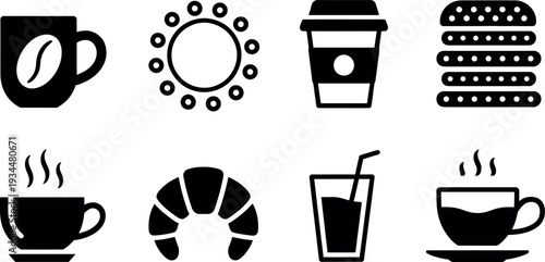 Collection of stylized black icons representing breakfast and coffee shop items isolated on white