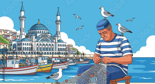 Fisherman Mending Net by the Sea.