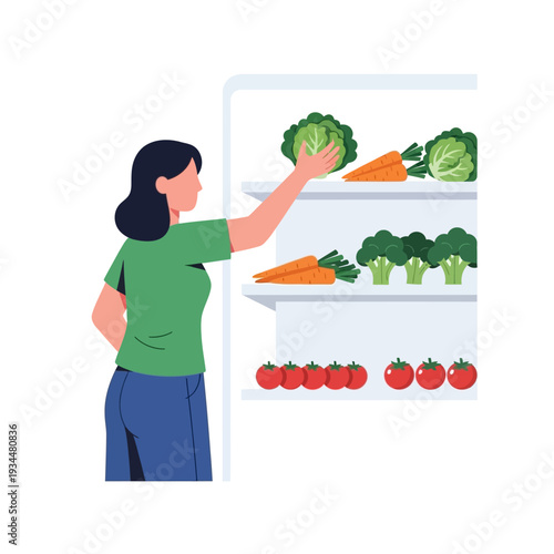 Woman choosing fresh vegetables from a refrigerator display