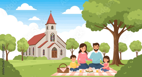 Happy Family Enjoying Picnic Together Outdoors.