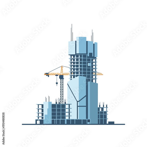 Modern skyscraper construction site with crane and unfinished building structure