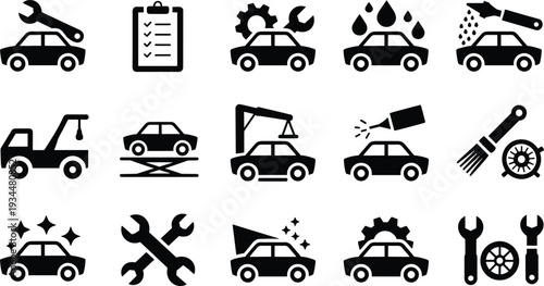 Black silhouette icon set of fifteen automotive service symbols, car repair, washing, painting, towing, inspection, maintenance, detailing vector design