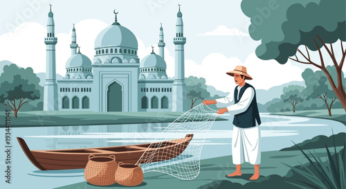 Man fishing by the river with boat and pots.