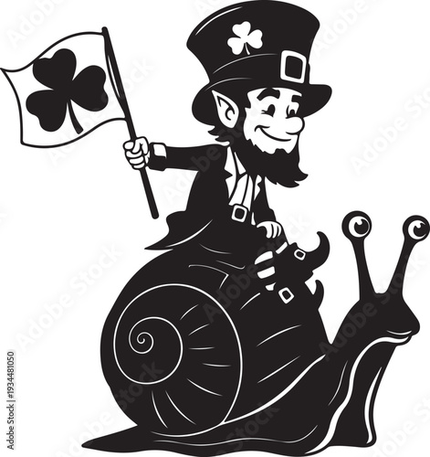St. Patrick’s Day Leprechaun Riding Snail and Holding Shamrock Flag Vector Illustration