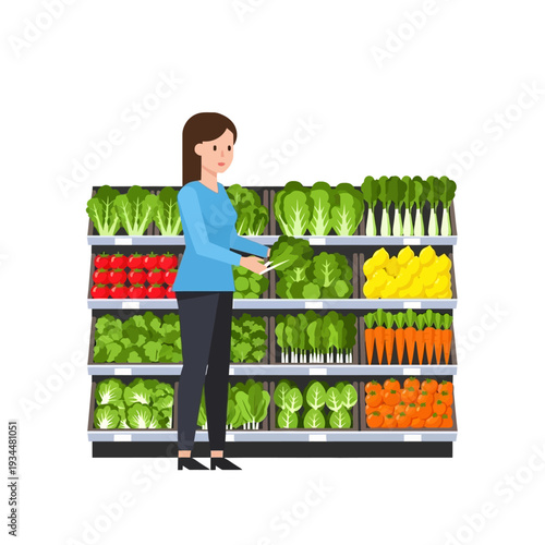 Woman choosing fresh vegetables from a supermarket shelf, healthy eating concept