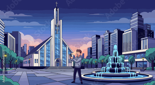 Man holding phone in city square.