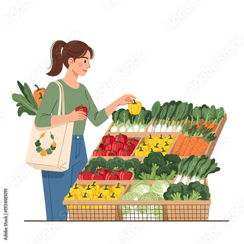 Woman choosing fresh yellow bell pepper at grocery store produce section