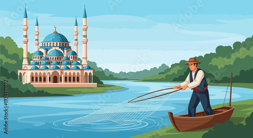 Man Fishing in Boat on River Near Mosque.