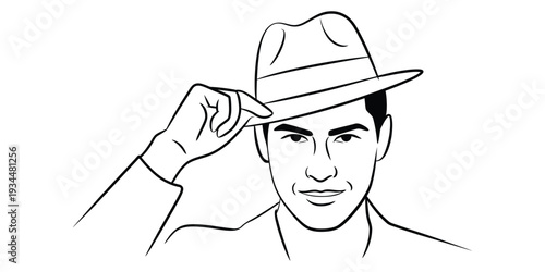 Gentleman tipping fedora hat line art illustration