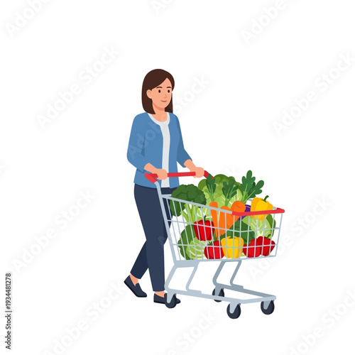 Woman Pushing Shopping Cart Full of Fresh Vegetables and Fruits