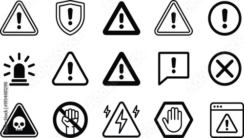 Black silhouette icon set of fifteen warning and alert symbols, exclamation marks, hazard signs, caution, danger, safety communication vector design