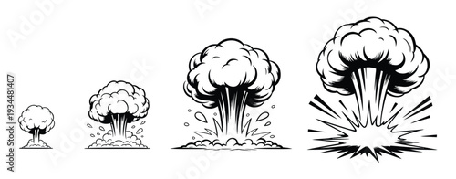 Explosion and Blast Icon Collection, Vector Illustrations Including Mushroom Cloud, Smoke, and Comic-Style Boom Elements for Digital Graphics, Gaming, and Animation Design.