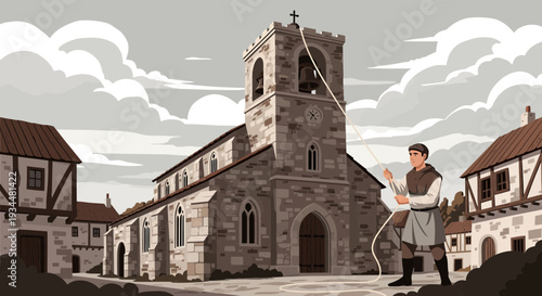 Medieval Man Ringing Church Bell Rope.