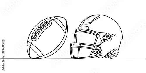 Continuous line drawing of American football ball and helmet