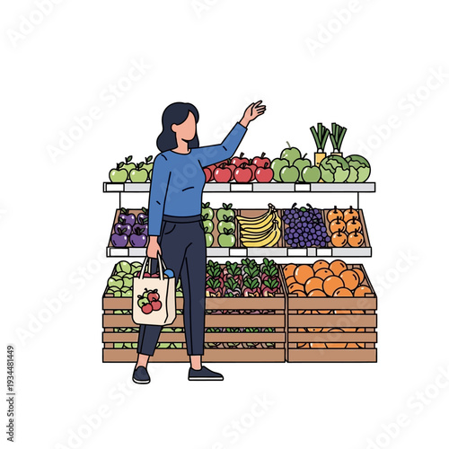 Woman shopping for fresh fruits and vegetables at a grocery store produce aisle