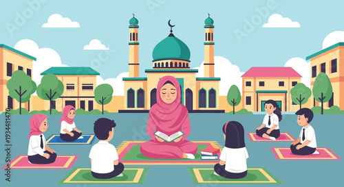 Muslim Teacher Educating Children in Islamic School Setting.