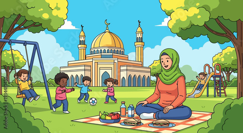 Muslim woman enjoying picnic with children in park.