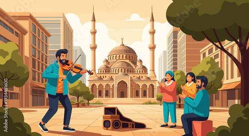 Street musician plays violin for small audience.