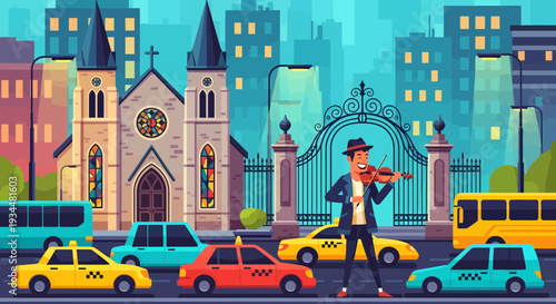 Street musician plays violin with hat and suit.