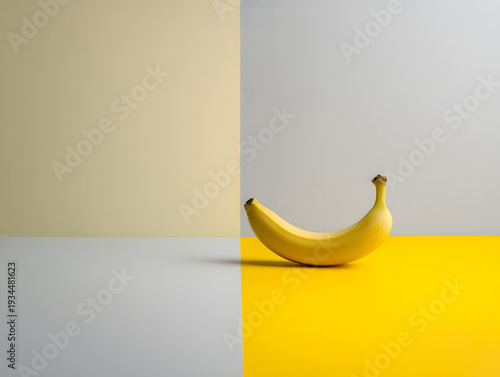Minimalist still life banana on geometric yellow and gray background, modern composition with single ripe fruit, clean lines, and soft lighting, evoking calm and simplicity