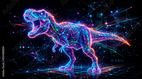 Tyrannosaurus rex digital wireframe structure glowing neon light
