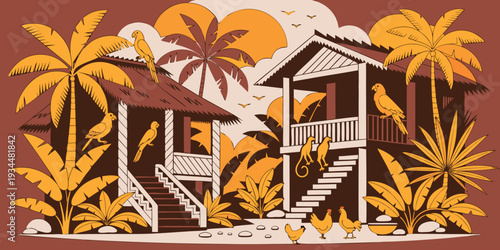 Tropical scene depicting a thatched roof house with parrots and chickens