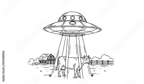 Black and White Cow Abduction UFO Line Art Vector Illustration with Farm Scene Outline Drawing