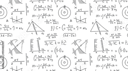 Hand drawn mathematical formulas and geometric diagrams on a white background mathematics equation science