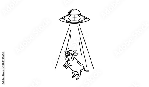 Minimalist UFO Cow Abduction Black and White Outline Vector Line Art Design