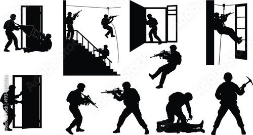 Military special forces silhouettes collection featuring soldiers rappelling, breaching doors, arresting suspects, and tactical combat maneuvers on an isolated white background