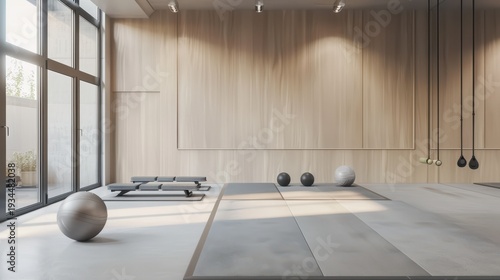 Modern gym interior with fitness equipment and natural light