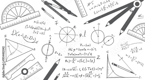 Hand drawn mathematical equations and geometric shapes with drafting tools and pencils on white background