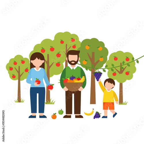 Family Picking Apples and Grapes in Orchard