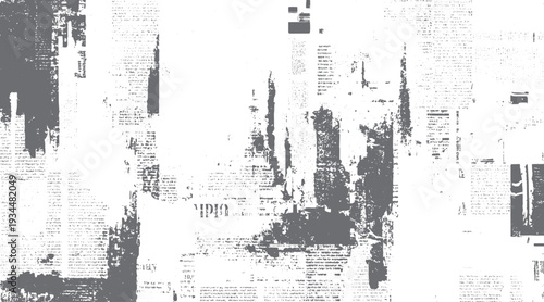 Distressed newspaper texture with grey ink smudges and text fragments grunge vintage