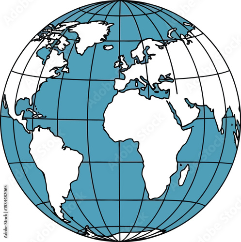 Global map projection shows continents floating on a blue grid background.