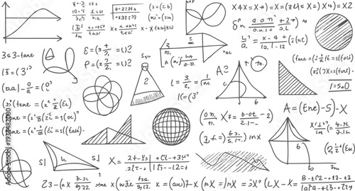 Hand drawn mathematical equations and geometric shapes on a white background mathematics formula geometry
