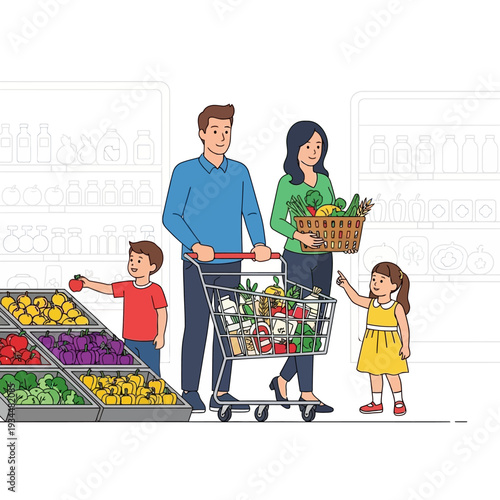 Family grocery shopping, parents and kids choosing fresh produce in supermarket aisle