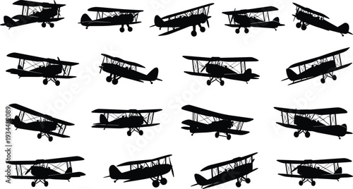 Set of Vintage Biplane Silhouettes, Antique Propeller Airplane Icons, Retro Aircraft Graphics for Aviation History, World War Flight and Aerobatics Design