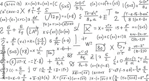 Handwritten mathematical equations and symbols scattered across a white background with a slightly textured appearance