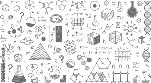 Hand drawn science and math doodles featuring molecules dna and geometric shapes