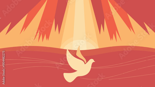 Cream dove flying with light rays and abstract background