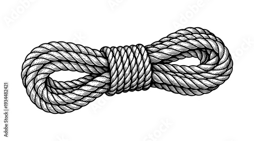 Coiled nautical cord line bundle vector engraving style isolated on white background for sailing branding outdoor gear illustration and maritime equipment icon